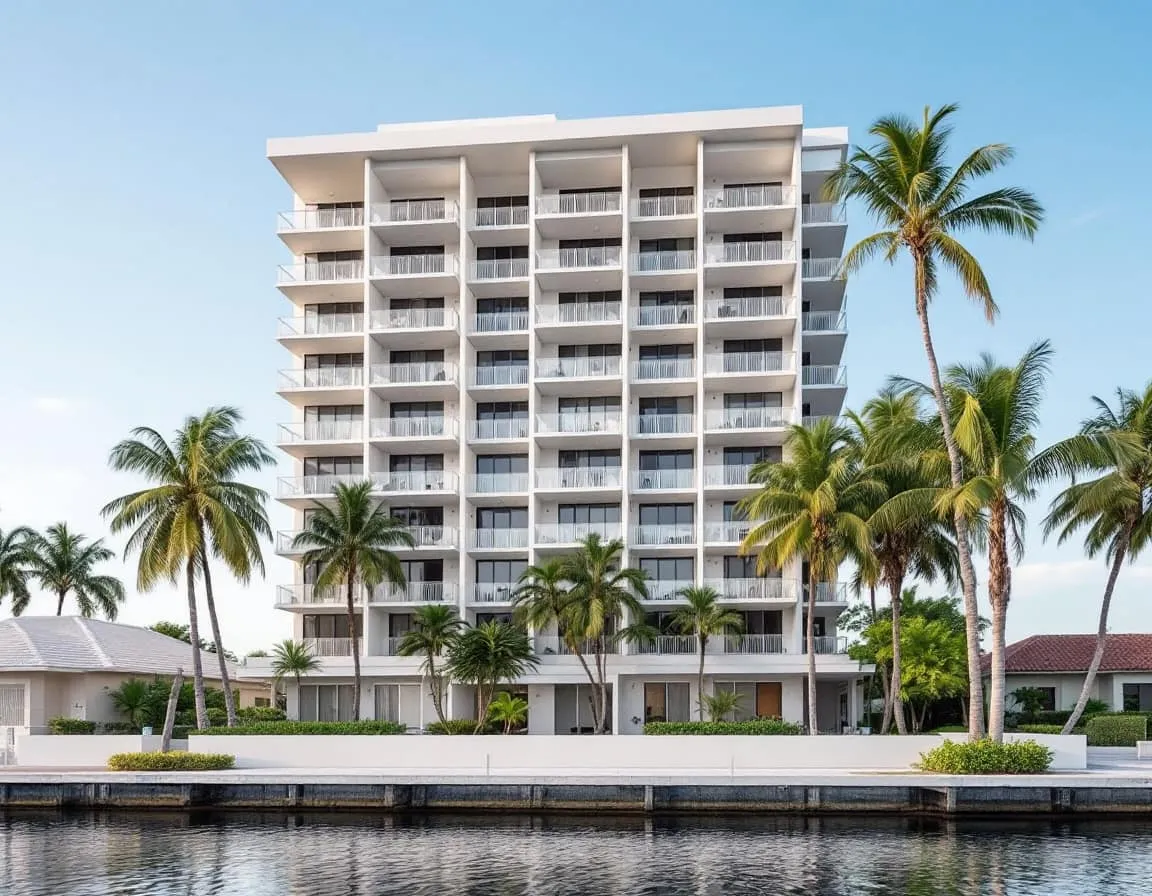a mid-rise South Florida condo building with palm trees in front, near Pompano Beach, Florida