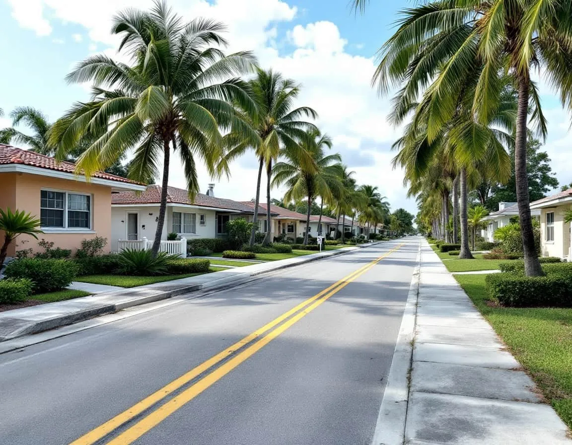 a South Florida neighborhood street with mature landscaping and driveways in Kendall, Florida