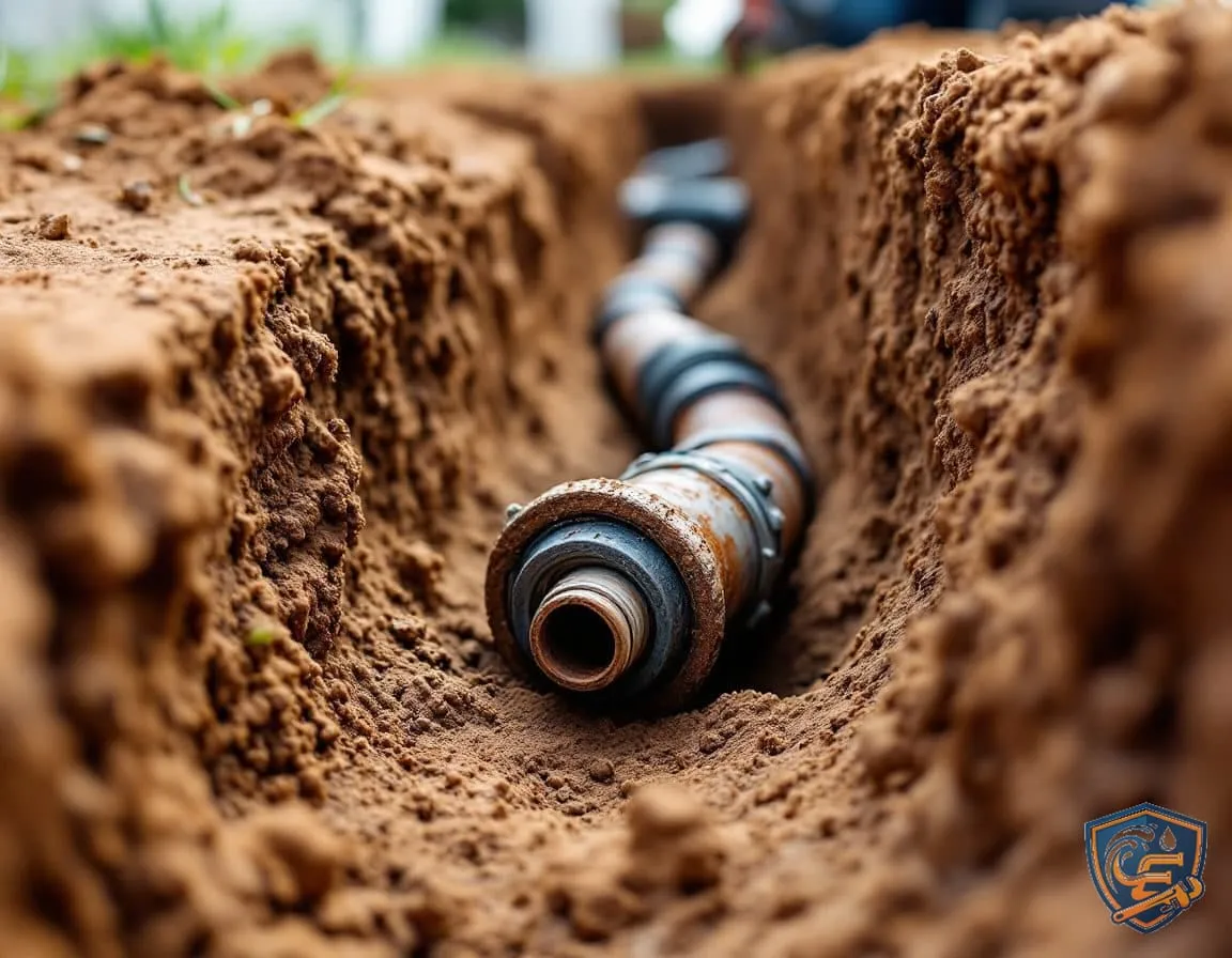 A section of old cast-iron drain pipe exposed in a residential trench, cut out and replaced with new pipe joined to the original run