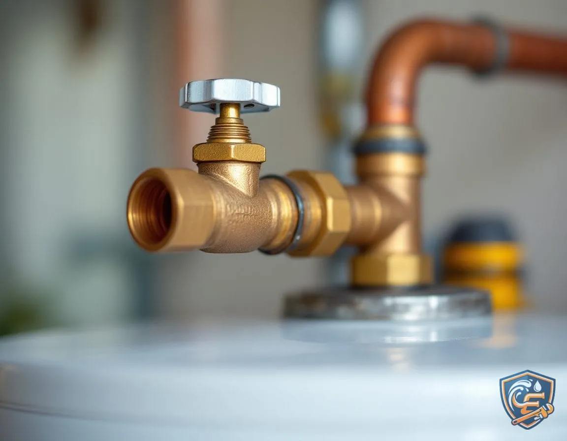 A close view of a brass shutoff valve with a lever handle on a copper supply line at the top of a water heater tank