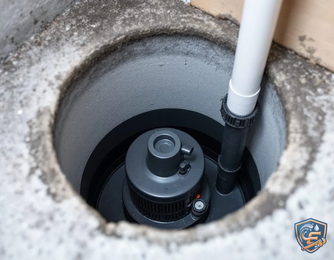 A sump pump set into a concrete basin in a residential utility area, discharge pipe connected above