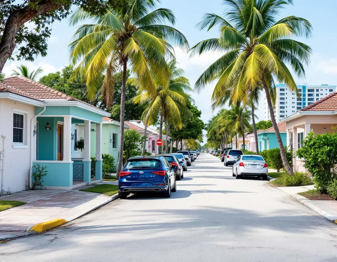 pastel-colored duplex homes on a South Florida residential block, near Kendall, Florida