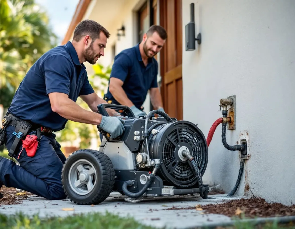 A drain-cleaning cable being fed into a kitchen sink drain in a North Miami home, tidy counter in the background