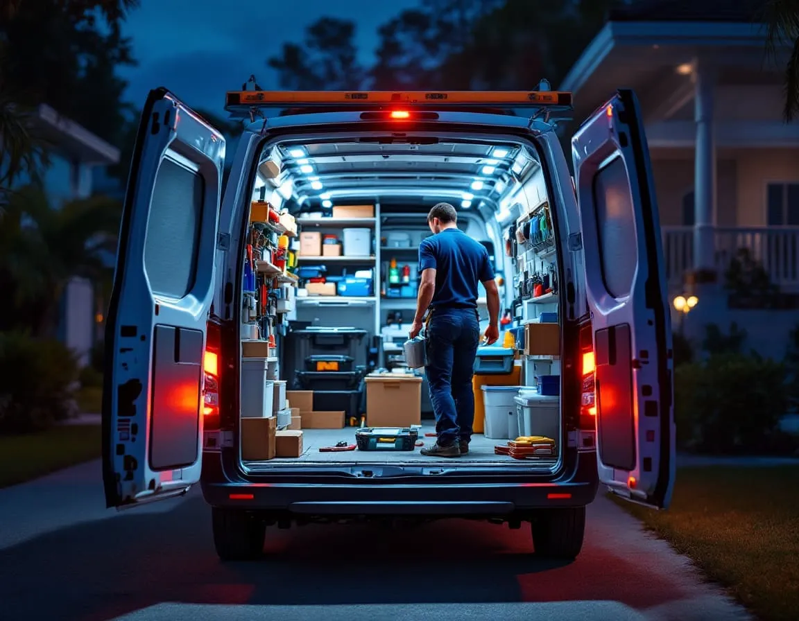 A plumbing service van's open rear cargo doors at night in a North Miami driveway, tools and supply bins lit by the interior work light while a technician reaches for a toolbox