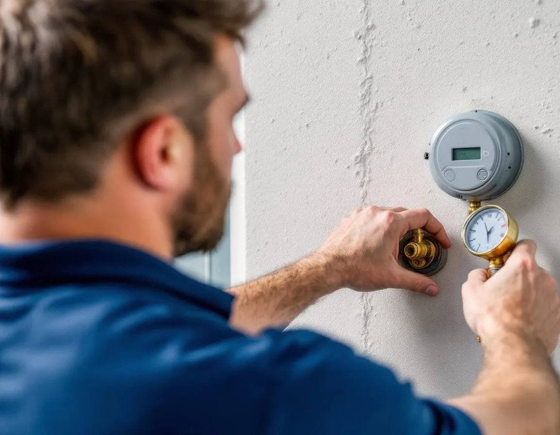 A plumber pressure-testing a gas line connection at a residential water heater in North Miami