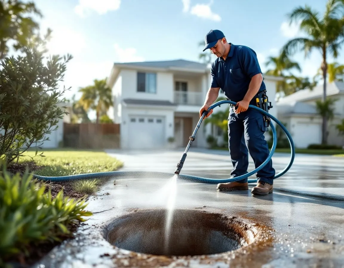 A hydro jetting hose nozzle positioned at a residential cleanout access point in North Miami