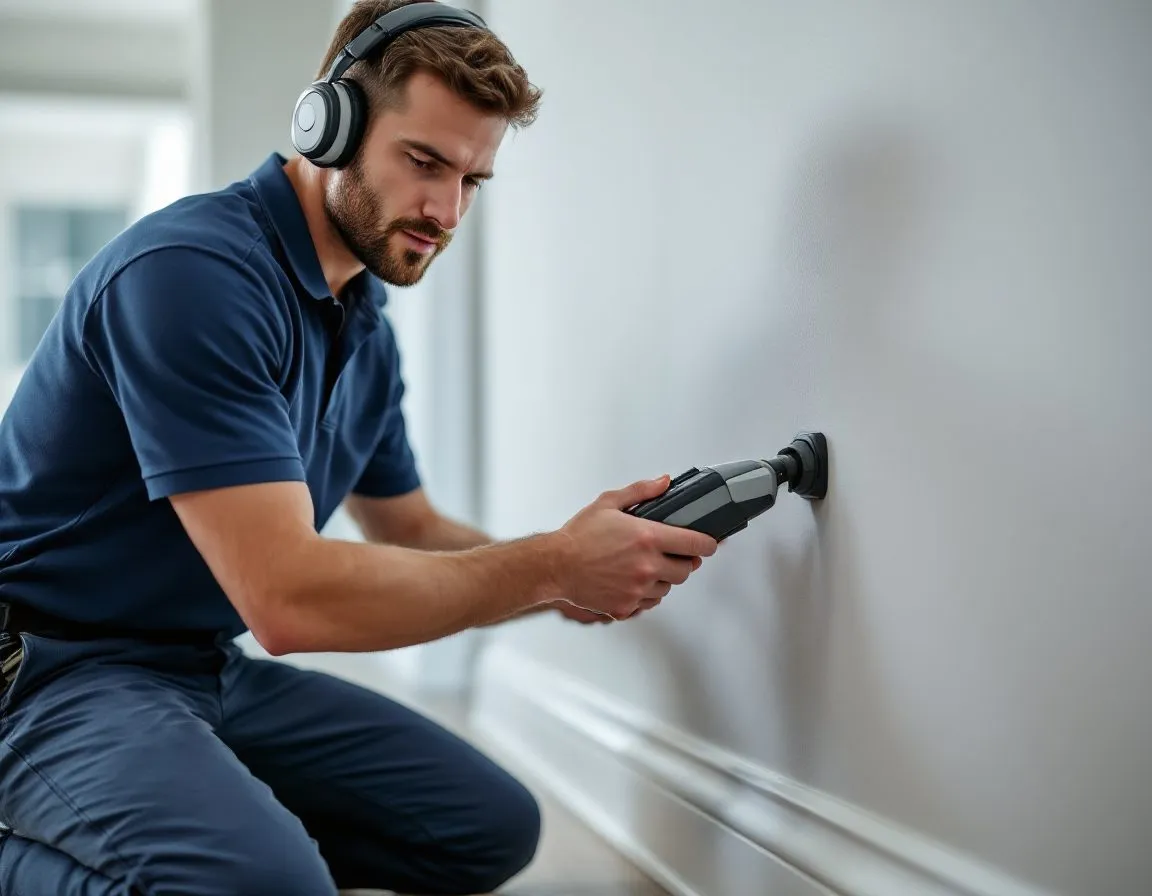 A plumbing technician kneeling beside an interior wall, holding an acoustic leak-detection listening device against the baseboard in a North Miami home