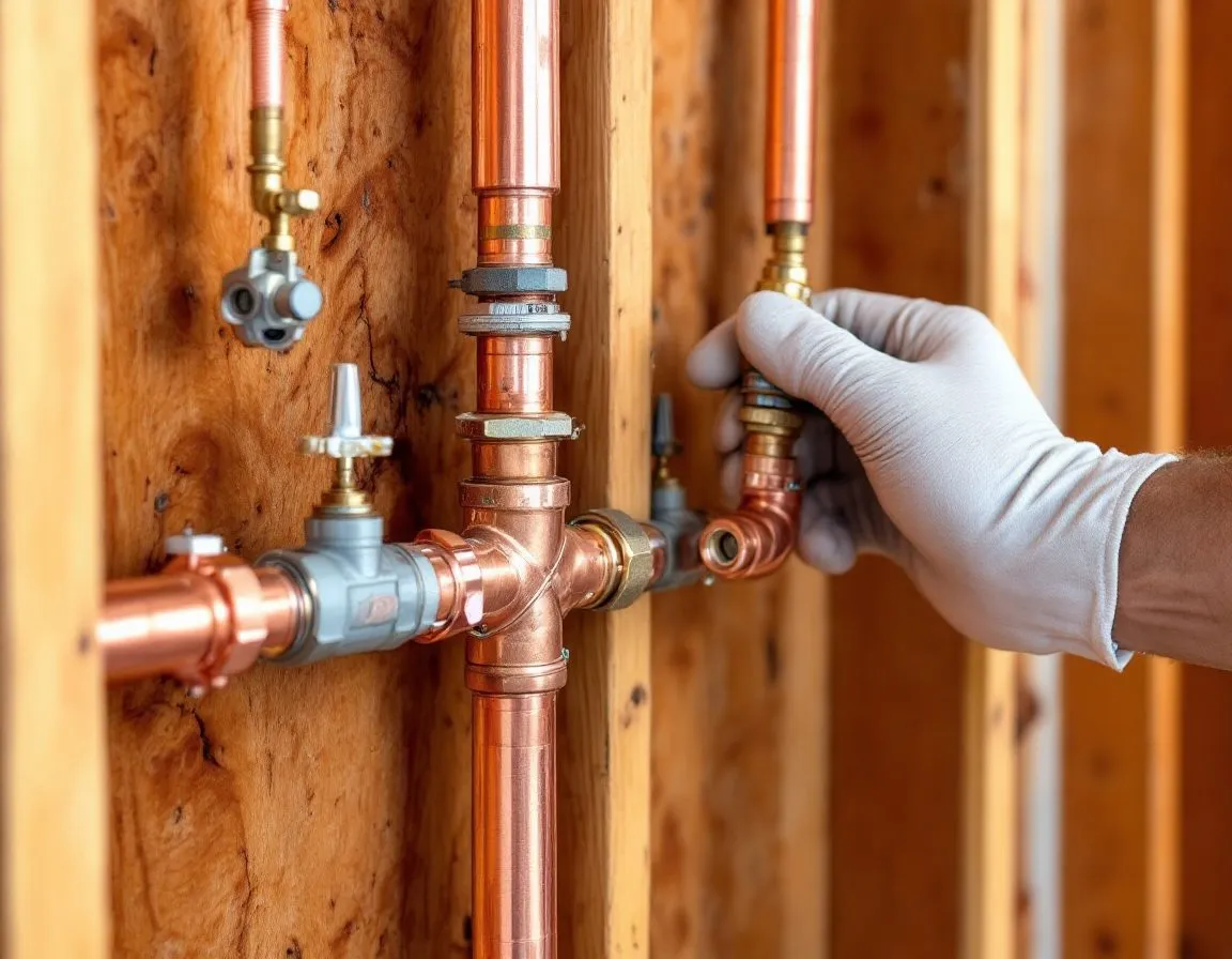 New copper supply piping run along a wall stud during a residential repiping job in North Miami