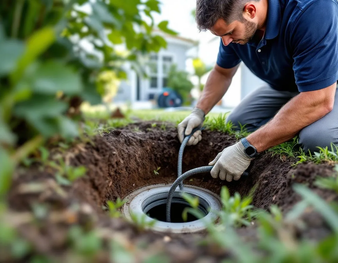 A plumbing technician kneeling at an underground cleanout access point, feeding a sewer inspection camera cable into the line in a North Miami yard