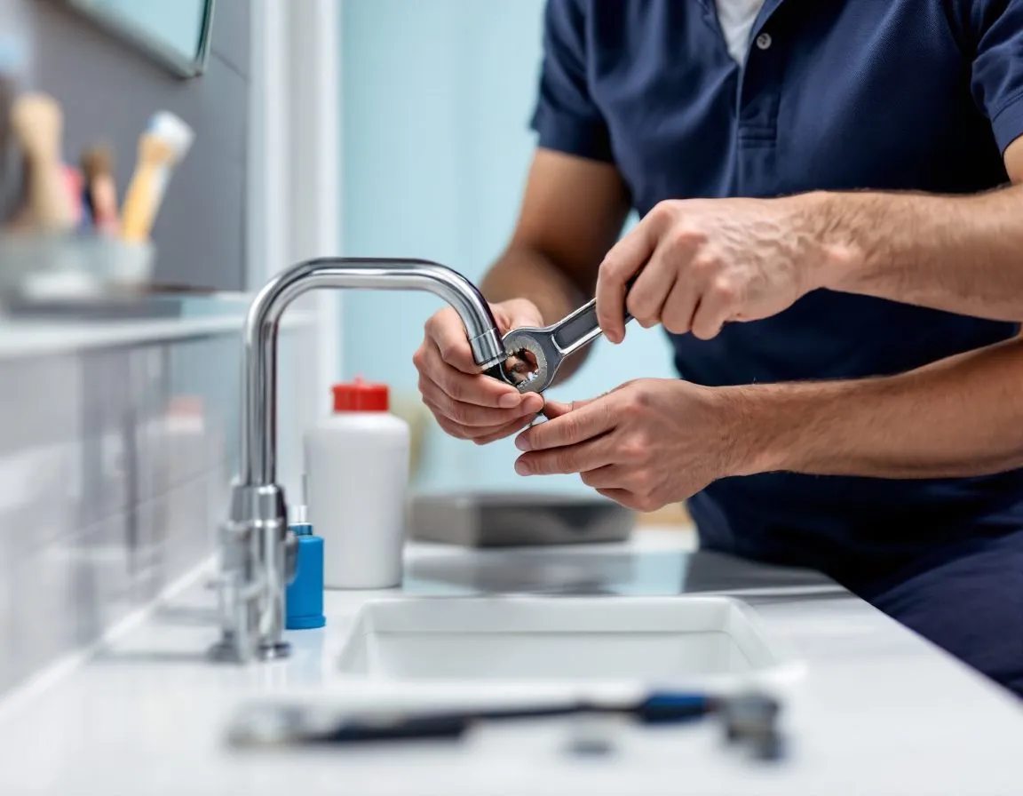 A plumbing technician working on a fixture at a bathroom sink with a wrench in a North Miami home