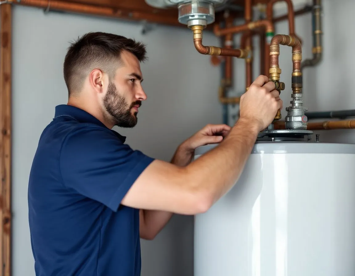 A plumbing technician adjusting the copper supply line fittings on a residential tank water heater in a North Miami garage